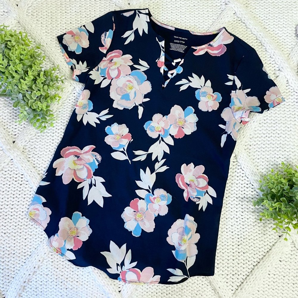 Van Heusen Mixed Media Blouse (Navy Floral)